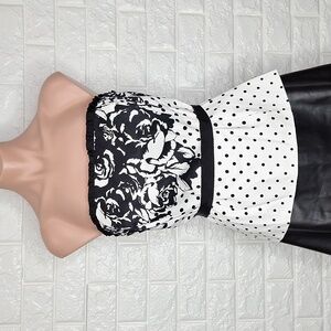 WHBM White and Black Polka Dot and Floral Bustier Top with Belt